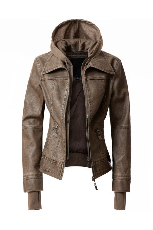 Faux Leather Bomber Jacket with Hood