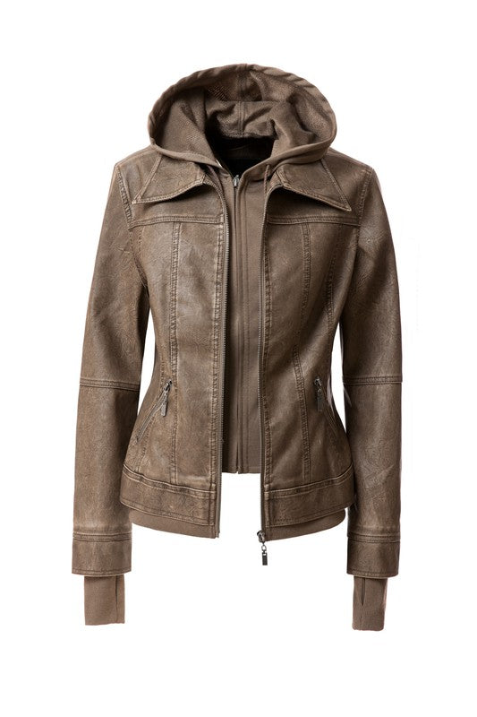 Faux Leather Bomber Jacket with Hood