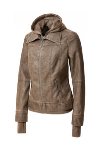Faux Leather Bomber Jacket with Hood