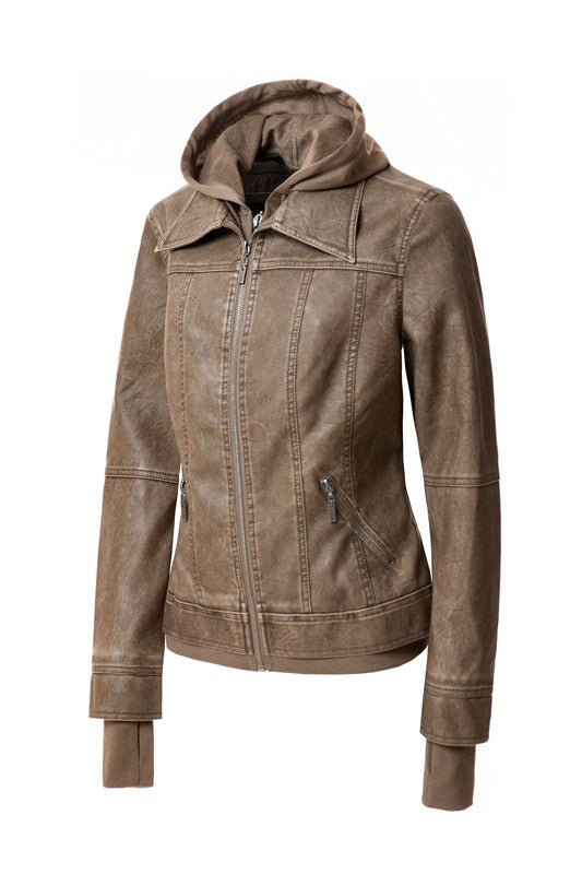 Faux Leather Bomber Jacket with Hood