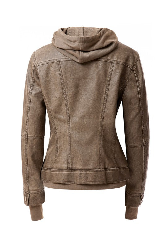 Faux Leather Bomber Jacket with Hood