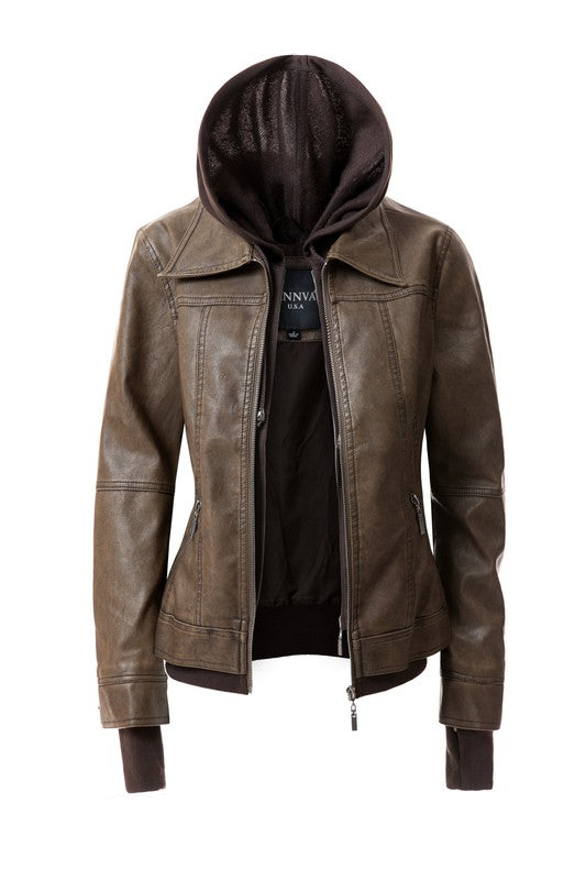 Faux Leather Bomber Jacket with Hood