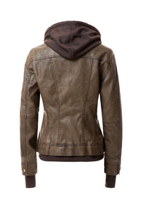 Faux Leather Bomber Jacket with Hood