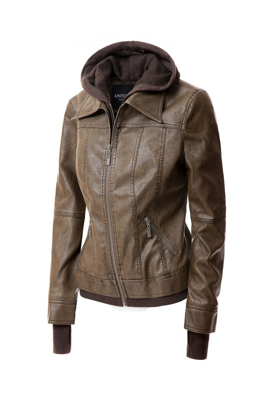 Faux Leather Bomber Jacket with Hood
