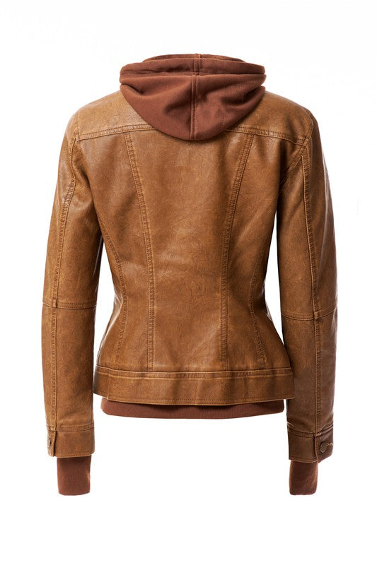 Faux Leather Bomber Jacket with Hood