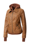 Faux Leather Bomber Jacket with Hood