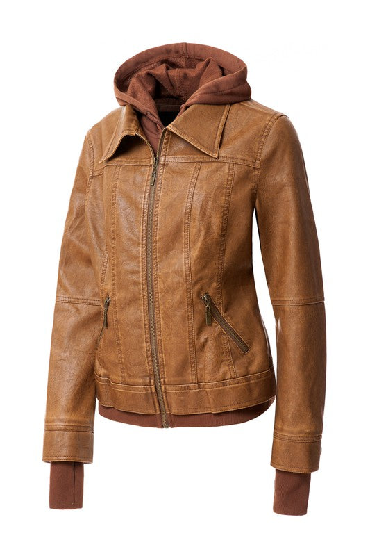 Faux Leather Bomber Jacket with Hood