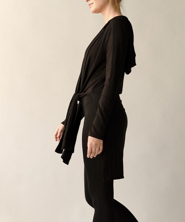 Bamboo Slim Hoodie Cardigan-Slim bamboo yoga cardigan with hoodie. Lightweight, eco-friendly bamboo spandex with tie-front styling. Made in the USA. Drapes beautifully for yoga or casual wear.-Reef Love Boutique