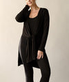 Bamboo Slim Hoodie Cardigan-Slim bamboo yoga cardigan with hoodie. Lightweight, eco-friendly bamboo spandex with tie-front styling. Made in the USA. Drapes beautifully for yoga or casual wear.-Reef Love Boutique