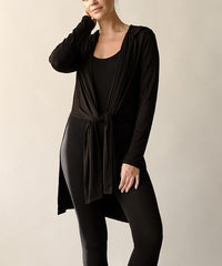 Bamboo Slim Hoodie Cardigan-Slim bamboo yoga cardigan with hoodie. Lightweight, eco-friendly bamboo spandex with tie-front styling. Made in the USA. Drapes beautifully for yoga or casual wear.-Reef Love Boutique