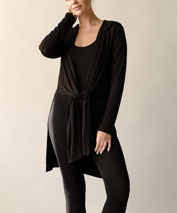 Bamboo Slim Hoodie Cardigan-Slim bamboo yoga cardigan with hoodie. Lightweight, eco-friendly bamboo spandex with tie-front styling. Made in the USA. Drapes beautifully for yoga or casual wear.-Reef Love Boutique