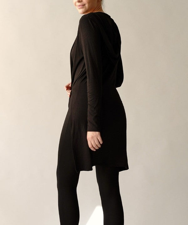 Bamboo Slim Hoodie Cardigan-Slim bamboo yoga cardigan with hoodie. Lightweight, eco-friendly bamboo spandex with tie-front styling. Made in the USA. Drapes beautifully for yoga or casual wear.-Reef Love Boutique