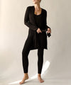 Bamboo Slim Hoodie Cardigan-Slim bamboo yoga cardigan with hoodie. Lightweight, eco-friendly bamboo spandex with tie-front styling. Made in the USA. Drapes beautifully for yoga or casual wear.-Reef Love Boutique