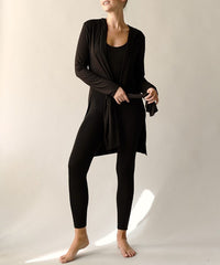 Bamboo Slim Hoodie Cardigan-Slim bamboo yoga cardigan with hoodie. Lightweight, eco-friendly bamboo spandex with tie-front styling. Made in the USA. Drapes beautifully for yoga or casual wear.-Reef Love Boutique