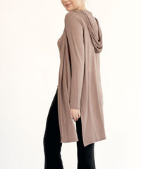 Bamboo Slim Hoodie Cardigan-Slim bamboo yoga cardigan with hoodie. Lightweight, eco-friendly bamboo spandex with tie-front styling. Made in the USA. Drapes beautifully for yoga or casual wear.-Reef Love Boutique