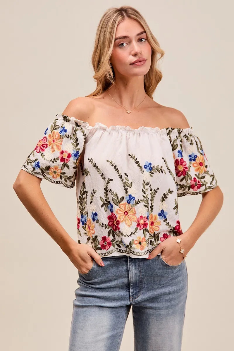 Floral Embroidered On Or Off The Shoulder Blouse-Floral embroidered blouse with on or off the shoulder styling. Feminine ruffles, colorful detailing, and soft rayon blend. A versatile wardrobe must-have.-Reef Love Boutique