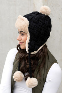 Cable Weave Pom Trapper Hat-Aili's Corner-Reef Love