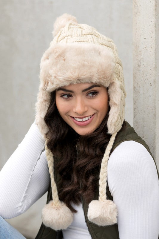 Cable Weave Pom Trapper Hat-Aili's Corner-Reef Love
