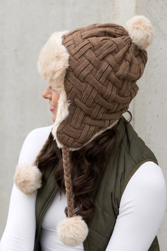 Cable Weave Pom Trapper Hat-Aili's Corner-Reef Love