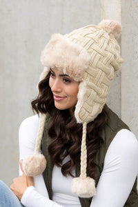 Cable Weave Pom Trapper Hat-Aili's Corner-Reef Love