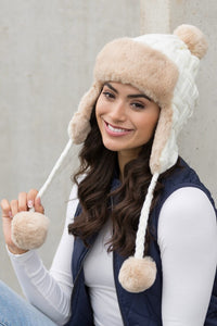 Cable Weave Pom Trapper Hat-Aili's Corner-Reef Love
