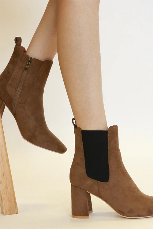 Brown Faux Suede Block Heel Chelsea Boots with Elastic Side Panel