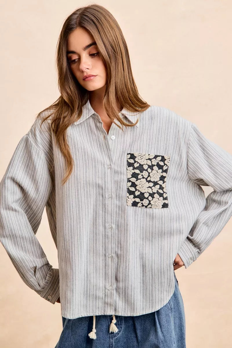 Flower Jacquard Knit Patch Pocket Stripe Shirt-BiBi-Reef Love