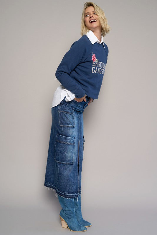 Shop Cargo Pocket Midi Denim Skirt-This Cargo Pocket Midi Denim Skirt features 8 functional pockets, a front slit, and a dark wash finish in 100% cotton denim. A must-have for everyday style.-Reef Love Boho-Chic Boutique
