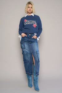 Shop Cargo Pocket Midi Denim Skirt-This Cargo Pocket Midi Denim Skirt features 8 functional pockets, a front slit, and a dark wash finish in 100% cotton denim. A must-have for everyday style.-Reef Love Boho-Chic Boutique