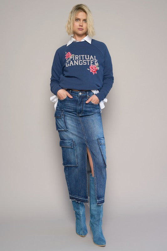 Shop Cargo Pocket Midi Denim Skirt-This Cargo Pocket Midi Denim Skirt features 8 functional pockets, a front slit, and a dark wash finish in 100% cotton denim. A must-have for everyday style.-Reef Love Boho-Chic Boutique