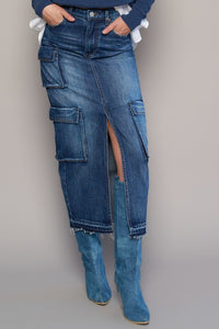 Shop Cargo Pocket Midi Denim Skirt-This Cargo Pocket Midi Denim Skirt features 8 functional pockets, a front slit, and a dark wash finish in 100% cotton denim. A must-have for everyday style.-Reef Love Boho-Chic Boutique