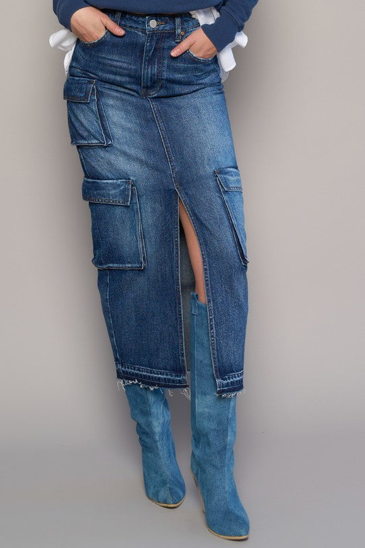 Shop Cargo Pocket Midi Denim Skirt-This Cargo Pocket Midi Denim Skirt features 8 functional pockets, a front slit, and a dark wash finish in 100% cotton denim. A must-have for everyday style.-Reef Love Boho-Chic Boutique