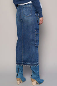 Shop Cargo Pocket Midi Denim Skirt-This Cargo Pocket Midi Denim Skirt features 8 functional pockets, a front slit, and a dark wash finish in 100% cotton denim. A must-have for everyday style.-Reef Love Boho-Chic Boutique