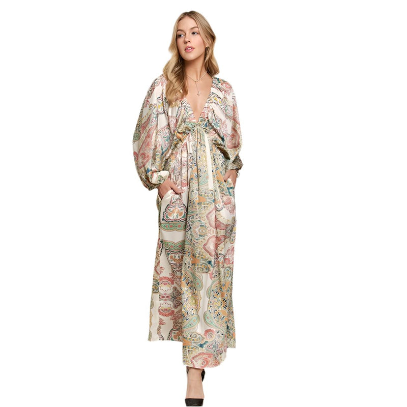 Isla Boho Printed V-Neck Batwing Sleeve Dress by ADORA-The Printed Batwing Sleeve Dress is a stylish and chic addition to your wardrobe. With flowy batwing sleeves, this dress offers a relaxed yet elegant look. -Reef Love Boho-Chic Boutique