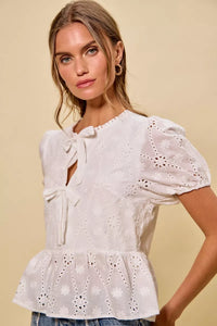 White Cotton Sunlit Eyelet Front-Tie Blouse-Reef Love