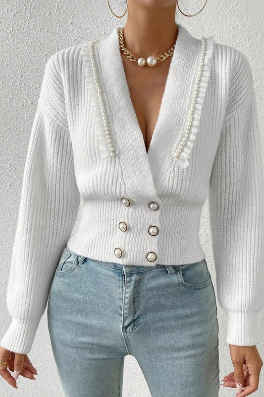 Luxe Pearl Beaded Deep V Sweater