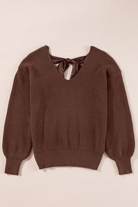 Bow Back Lantern Sleeve V-Neck Sweater-Reef Love