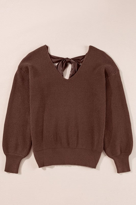 Bow Back Lantern Sleeve V-Neck Sweater-Reef Love