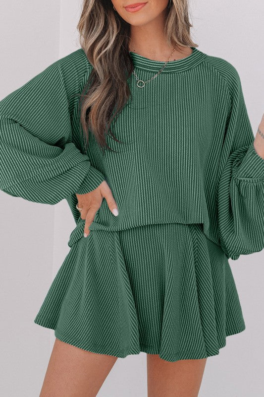 Corded Top and Ruffle Mini Skirt Outfit Set-Reef Love