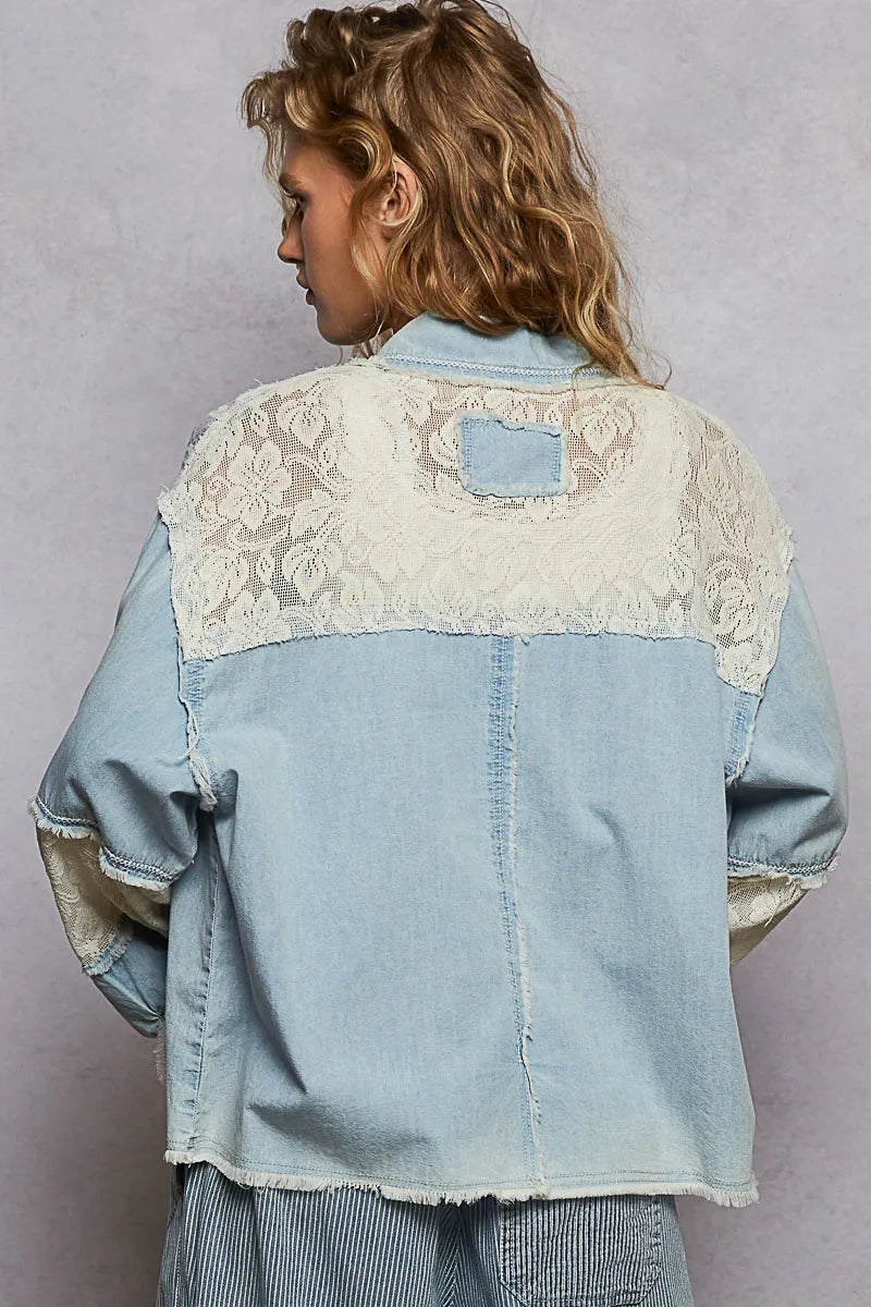 Shop POL Printed Woven Mix Raw Hem Jacket with Lace Detail-available at Reef Love online boho-chic boutique