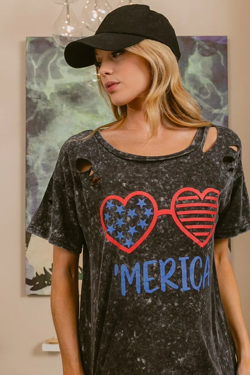 BiBi 4th Of July Theme Mineral Washed Laser Cut Top-T-Shirt-Reef Love