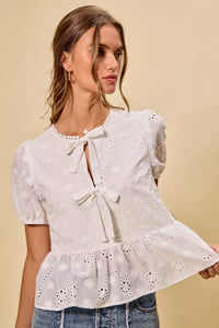 White Cotton Sunlit Eyelet Front-Tie Blouse-Reef Love