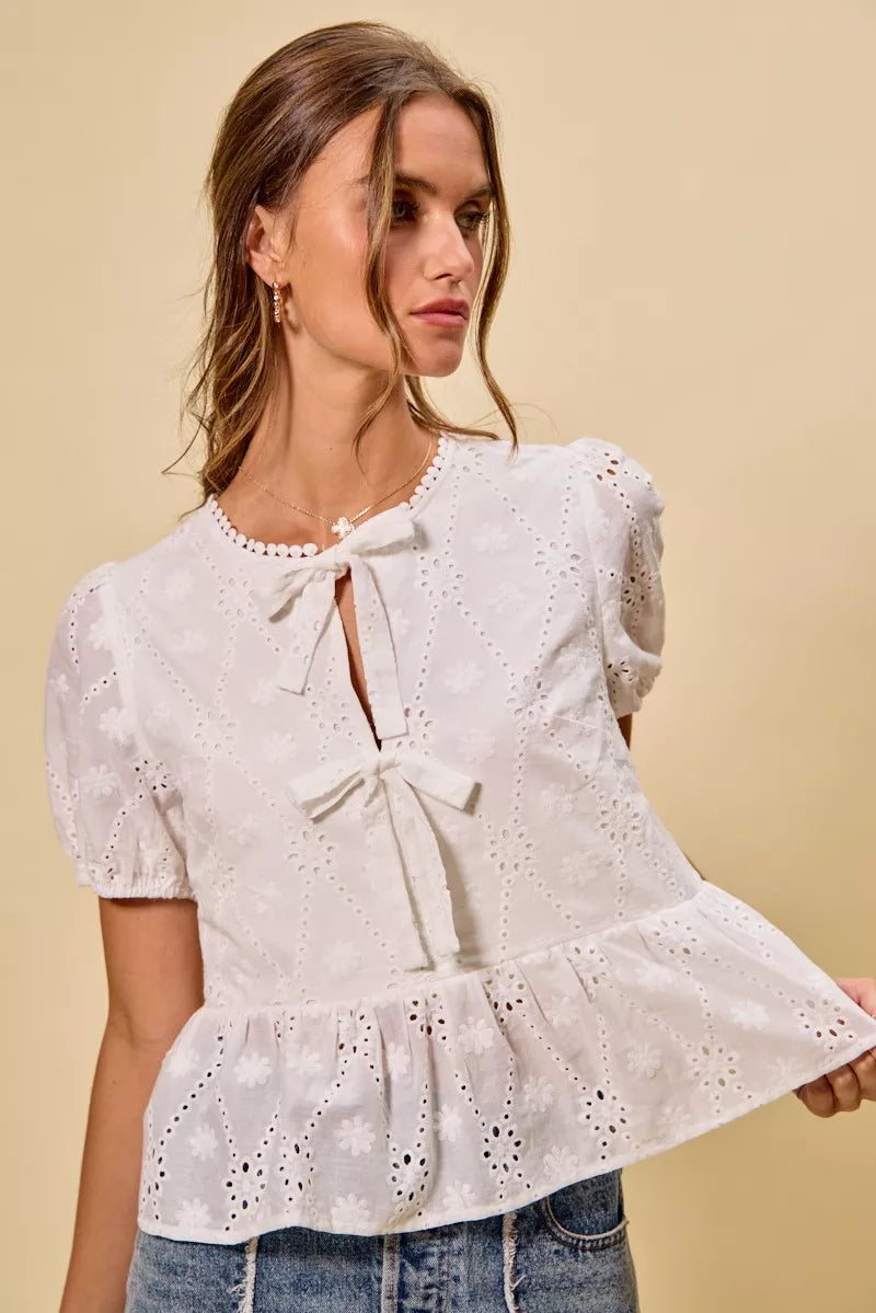 White Cotton Sunlit Eyelet Front-Tie Blouse-Reef Love