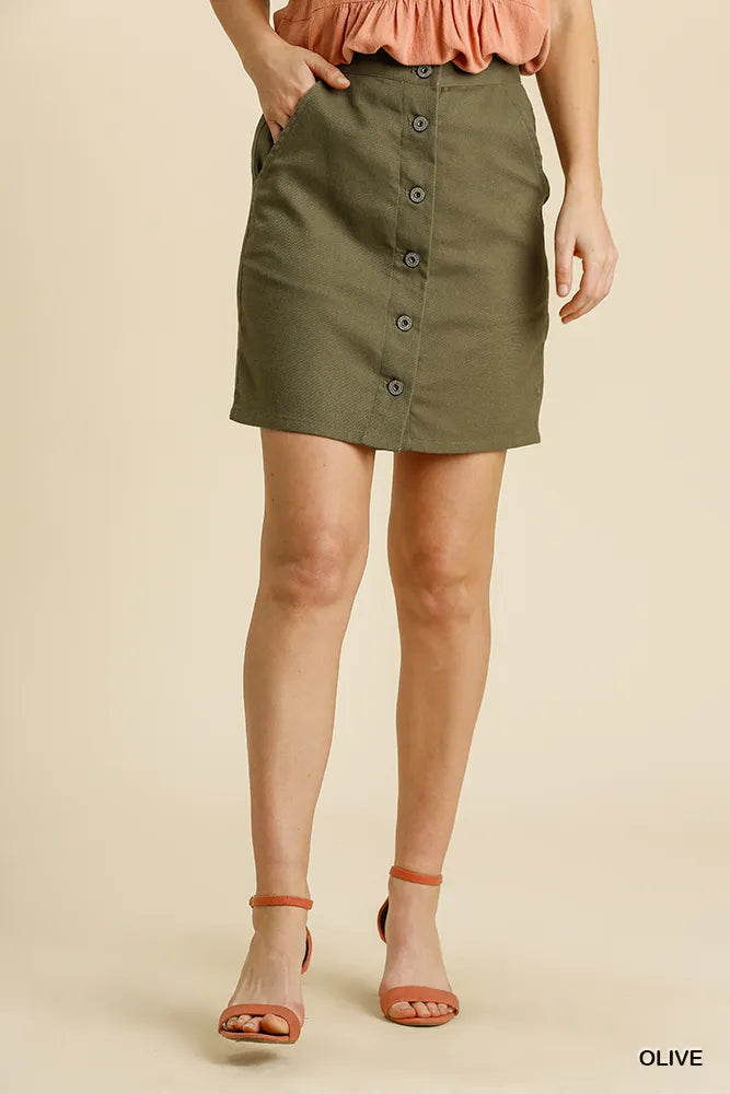 Linen Blend Button Down Skirt with Pockets