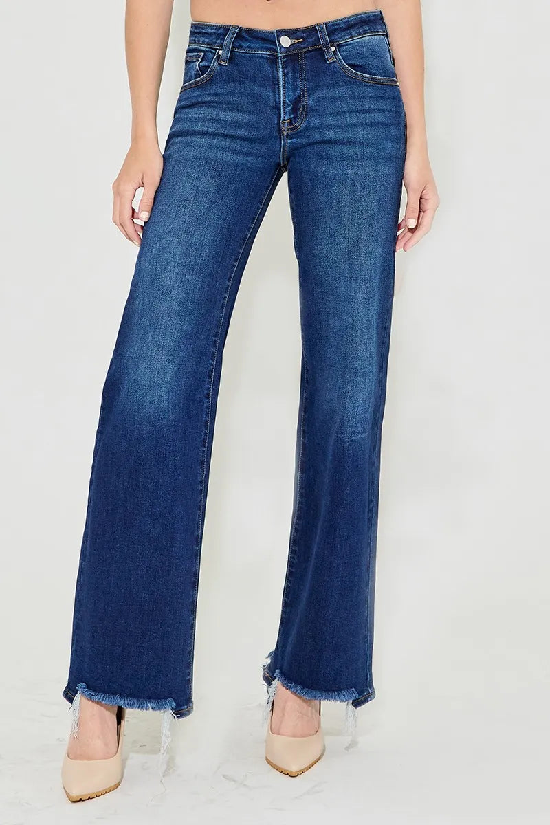 RISEN Low Rise Wide Leg Raw Hem Jeans-Reef Love