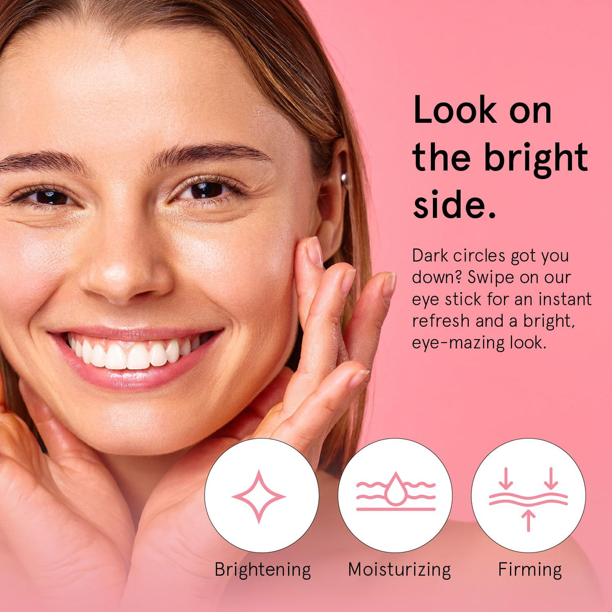 Woman wearing Grace & Stella Caffeine Under Eye Brightener Balm Stick-De-puff + brighten tired eyes with this caffeine-infused under eye balm stick. Hydrating, vegan, compact—your skincare essential on the go.