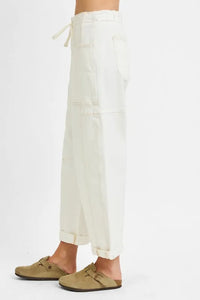 RISEN High Rise Crop Wide Barrel Cargo Jeans, Cream