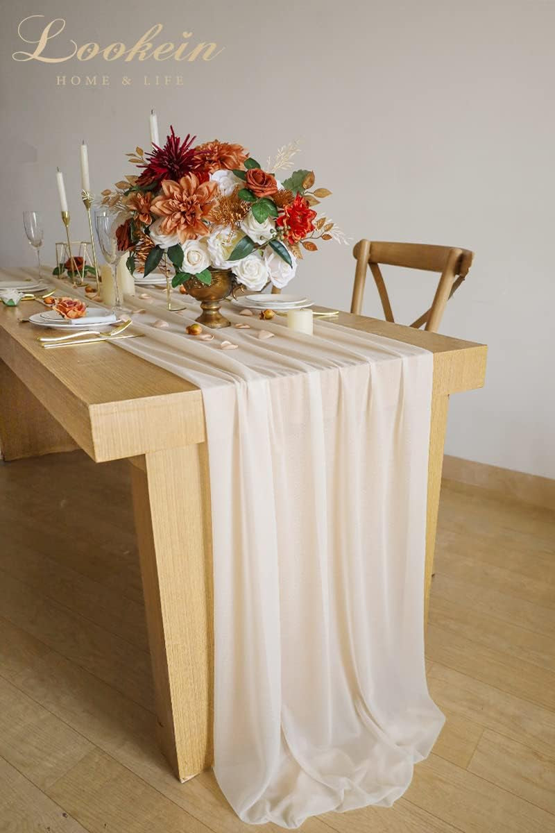 Lookein 10 Feet Champagne Chiffon Table Runner Sheer Wedding Table Cloth 29X120 Inches Rustic Wedding Decorations French Chiffon Table Runner