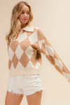 Shop Diamond Pattern Collared Notch Neck Sweater-Chic and cozy, the Diamond Pattern Collared Notch Neck Sweater, classic argyle design, soft knit fabric, timeless polo collar. Effortless everyday elegance.-Reef Love Boho-Chic Boutique