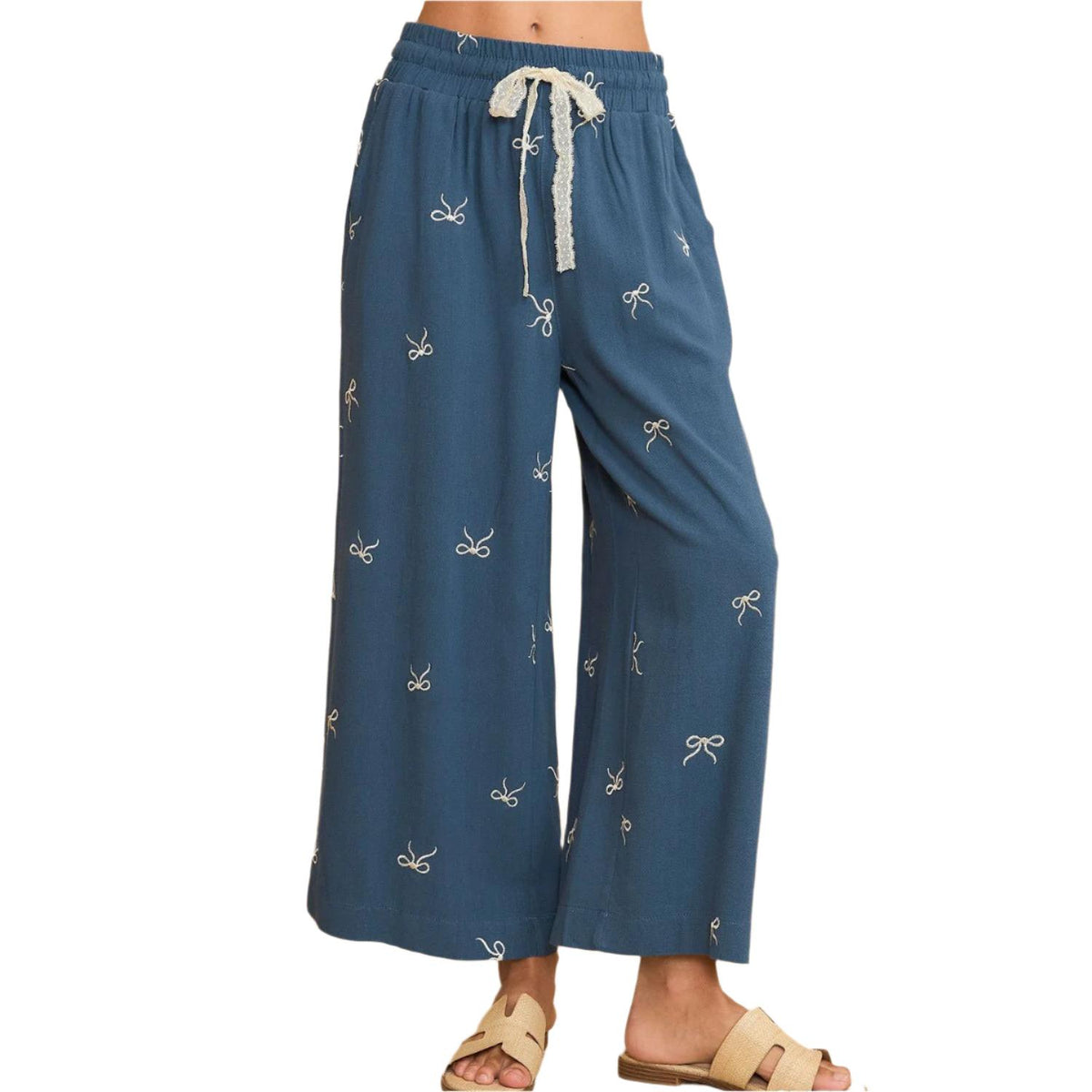 Blue Bow Lace Drawstring Embroidered Wide Leg Pants, Extended Sizes-Drawstring Pants-Reef Love
